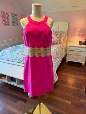 Lilly Pulitzer Hot Pink Sleeveless Fit-and-Flare Dress with Gold Waist Trim